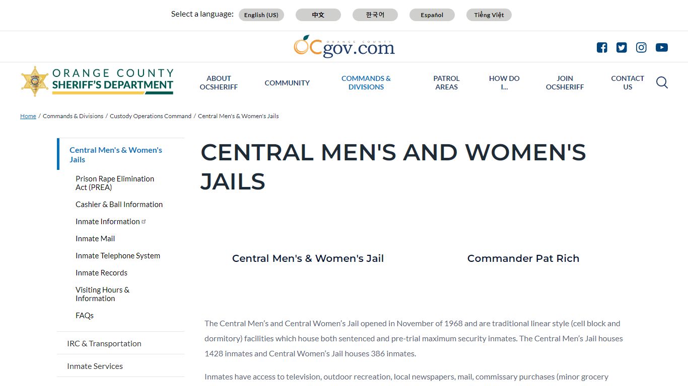 Central Men's and Women's Jails | Orange County California - Sheriff's ...